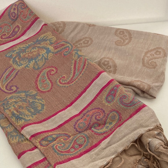pashmina Accessories - Pashmina 100% Pink Tan Paisley Scarf Wrap Grandma Cottage Romantic
